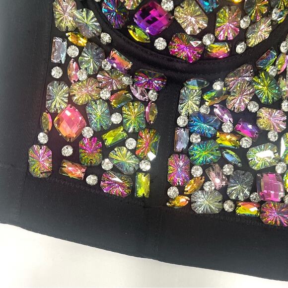 AB Rhinestone Encrusted Corset Bra Bustier Crop Top EDC RAVE FUN FESTIVAL FLIRTY - Picture 3 of 10